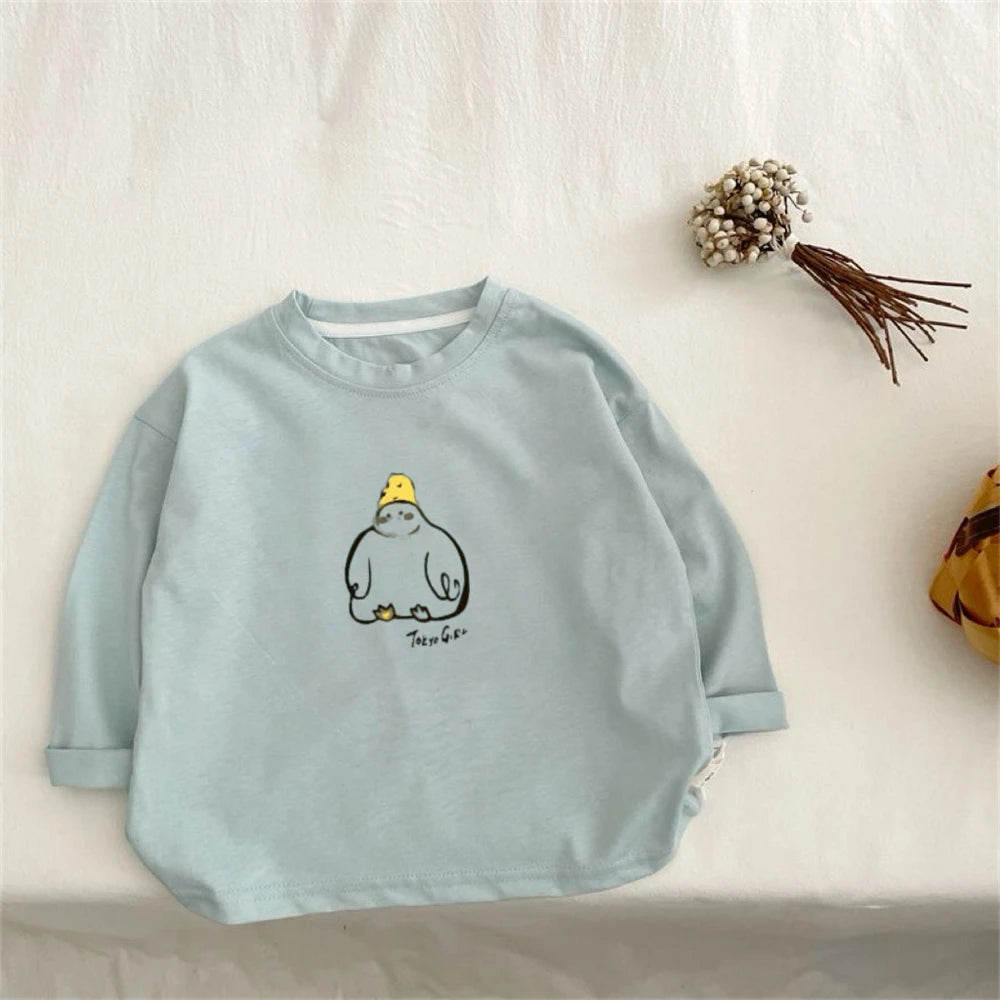Boys Girls Solid Color Tops New Design Printed Pullover Shirt Loose Casual Thin Crewneck Tees Children Lovely Fashion T-shirts