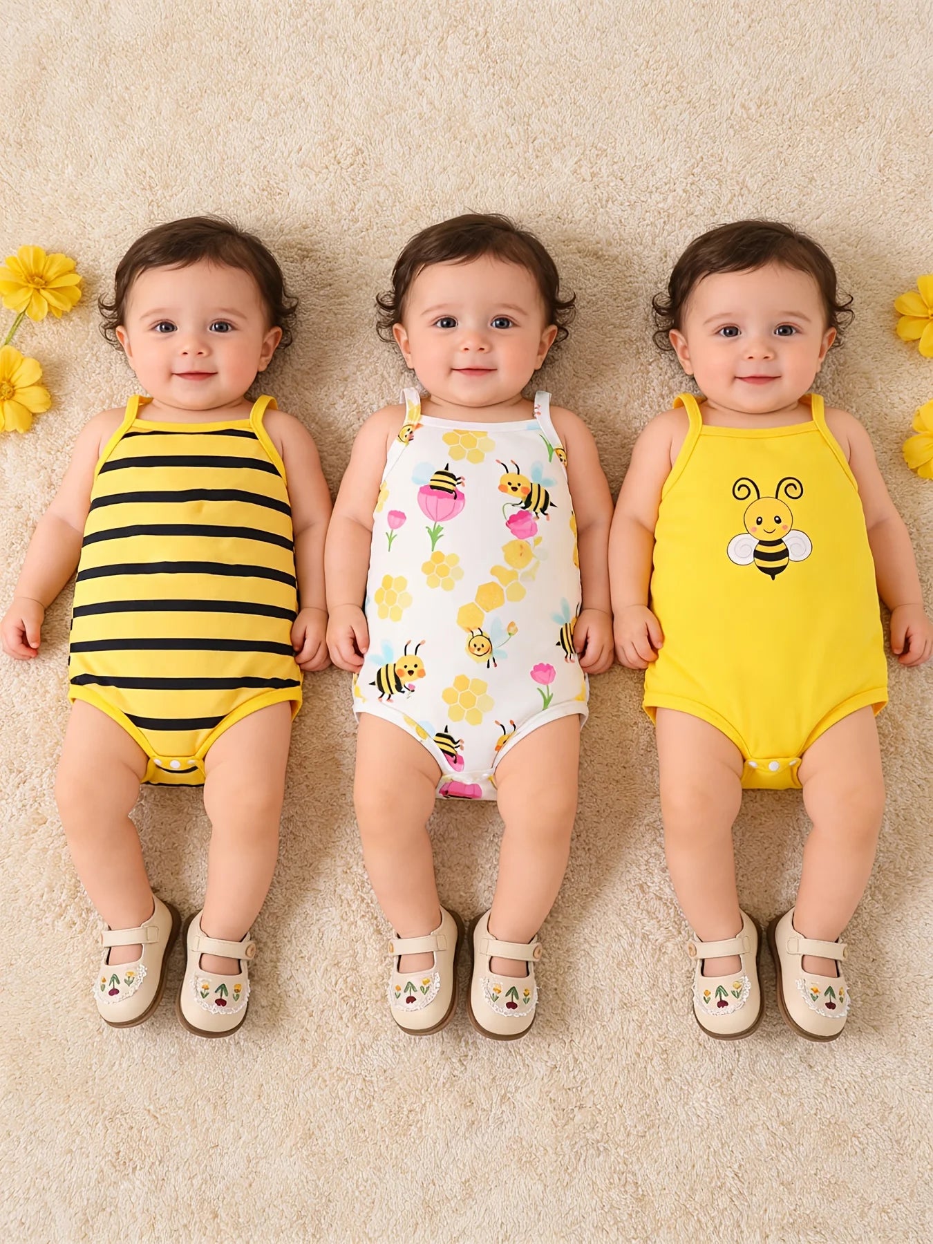 Summer New Arrival Baby Bee Element Sleeveless Bodysuit 3-Piece Set