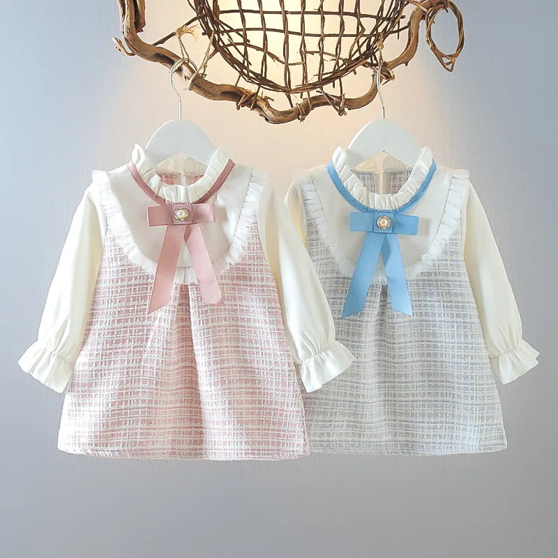 Girls Long Sleeve Skirt Cute Loose Dress Outer Wear Spring New Korean Style Clothing Kids Casual Fashion Round Neck Bow Skirt