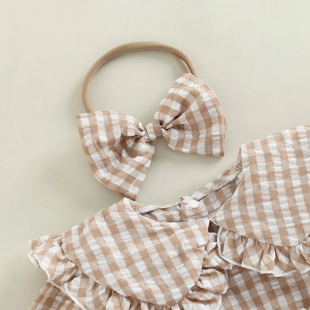2Pcs Infant Baby Girl Spring Autumn Outfit, Plaid Doll Collar Long Sleeve Ruffle Romper + Hairband Set for Infants, 0-18 Months