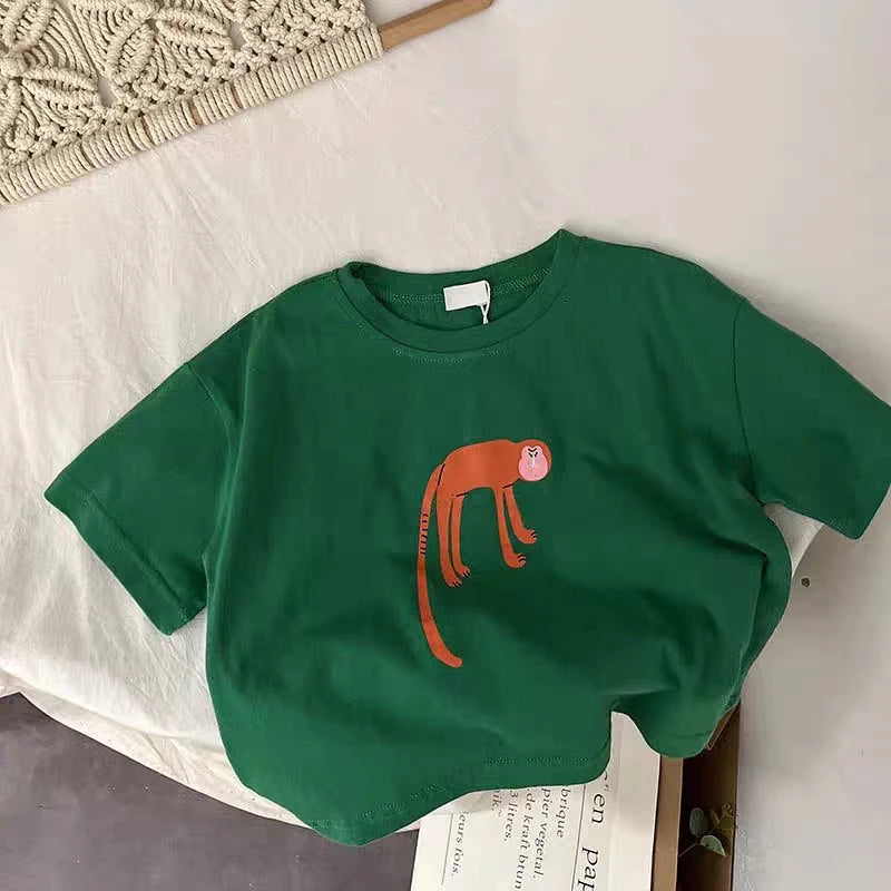 Animal Pattern Baby Boys Girls Short Sleeve Tops Kids Tees Summer Clothing Loose Fashion Trendy Children's Wear T-shirt O-neck