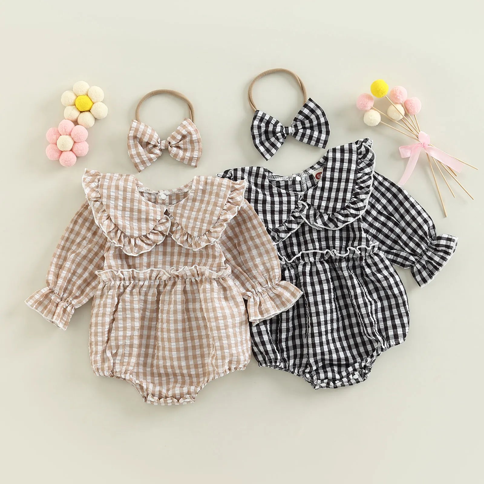 2Pcs Infant Baby Girl Spring Autumn Outfit, Plaid Doll Collar Long Sleeve Ruffle Romper + Hairband Set for Infants, 0-18 Months