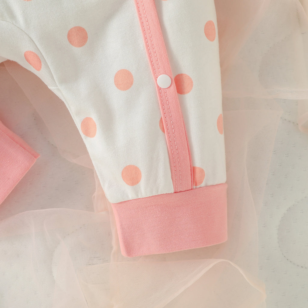 2025 Baby Girls 4Pcs All Seasons Long Sleeve Round neck Polka dots Embroidered Bear Newborn Cute Casual Jumpsuit+Bib+Hat+Gloves