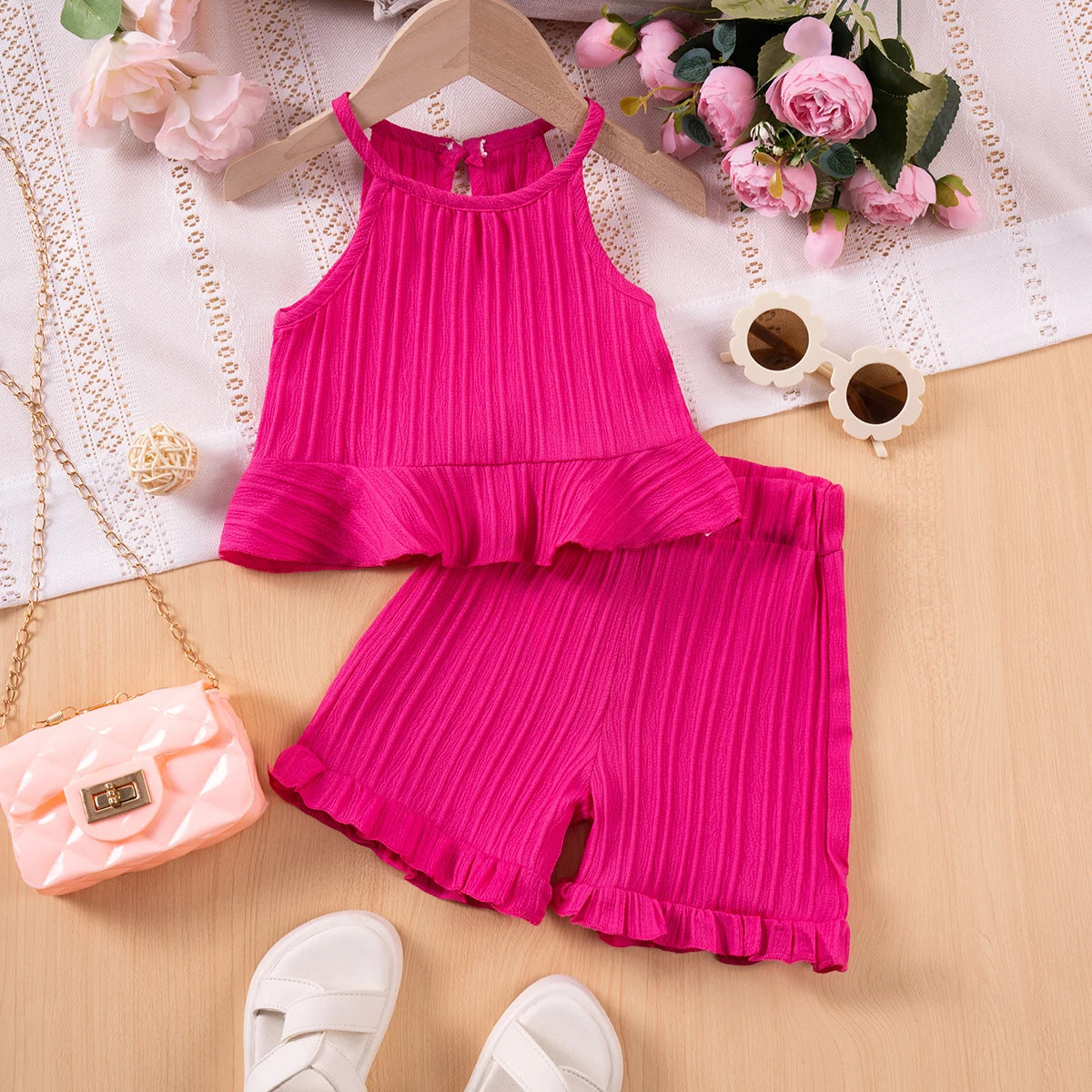 2025 New Girls' Summer Fashion Sets Sleeveless Ruffle Tank Top & Shorts Solid Color Two-Piece Outfit for Toddler Girls