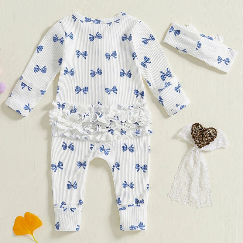 Newborn Baby Girl Outfits Bow Print Ruffle Long Sleeve O Neck Ribbed  Jumpsuit with Headband Set Toddlers Spring Fall Clothes