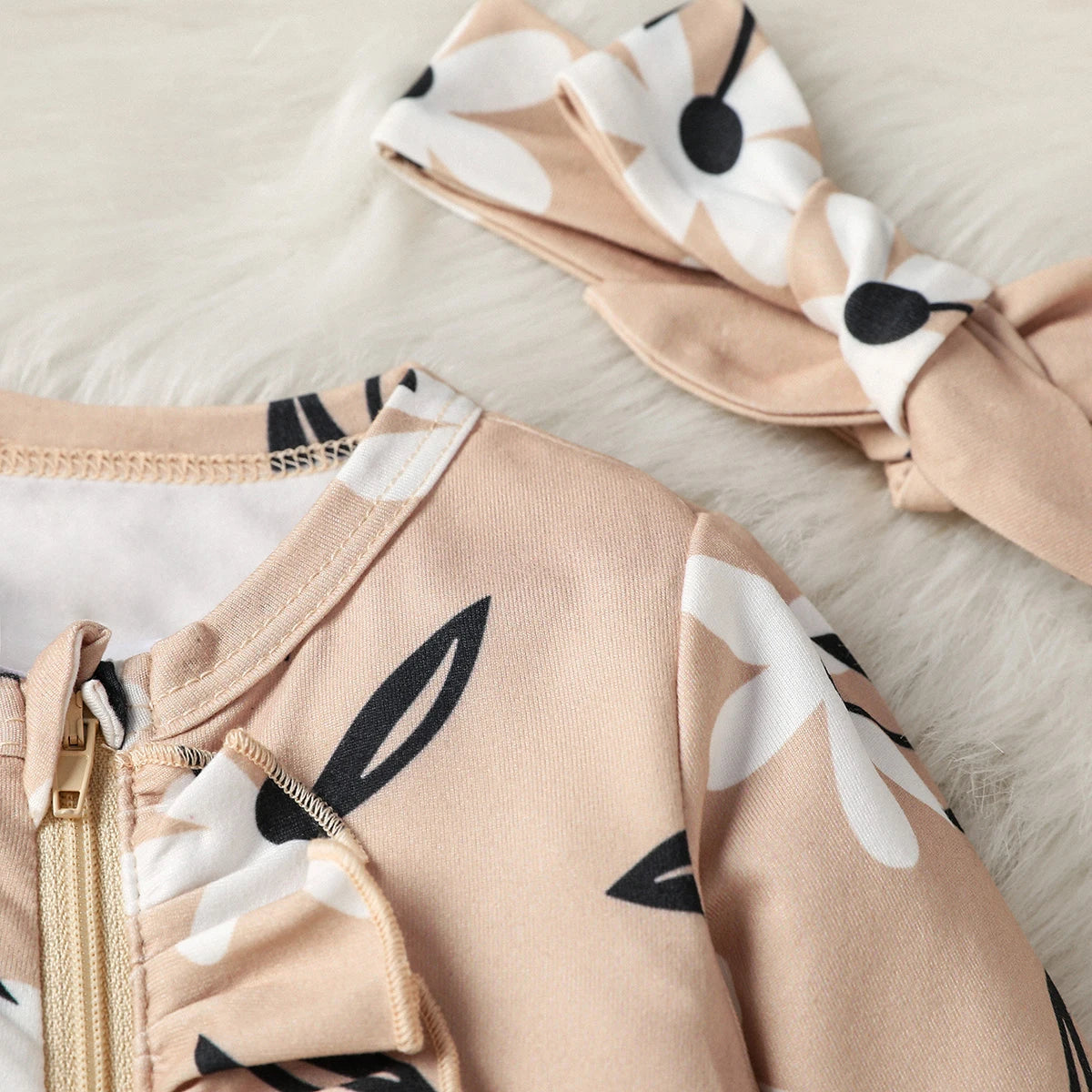 Baby Girls Full Sleeve Printed Floral With zipper All Seasons Japan&Korean Casual Jumpsuit+Headband