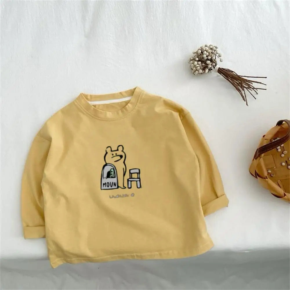 Boys Girls Solid Color Tops New Design Printed Pullover Shirt Loose Casual Thin Crewneck Tees Children Lovely Fashion T-shirts