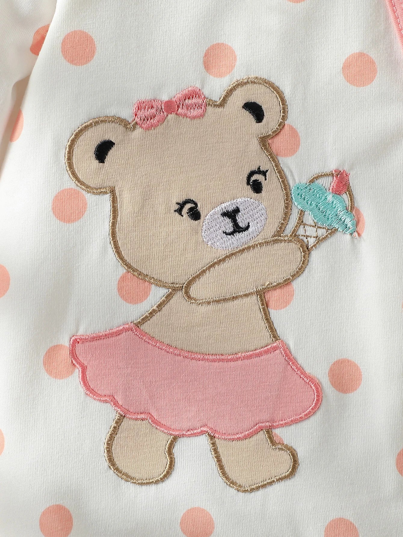 2025 Baby Girls 4Pcs All Seasons Long Sleeve Round neck Polka dots Embroidered Bear Newborn Cute Casual Jumpsuit+Bib+Hat+Gloves