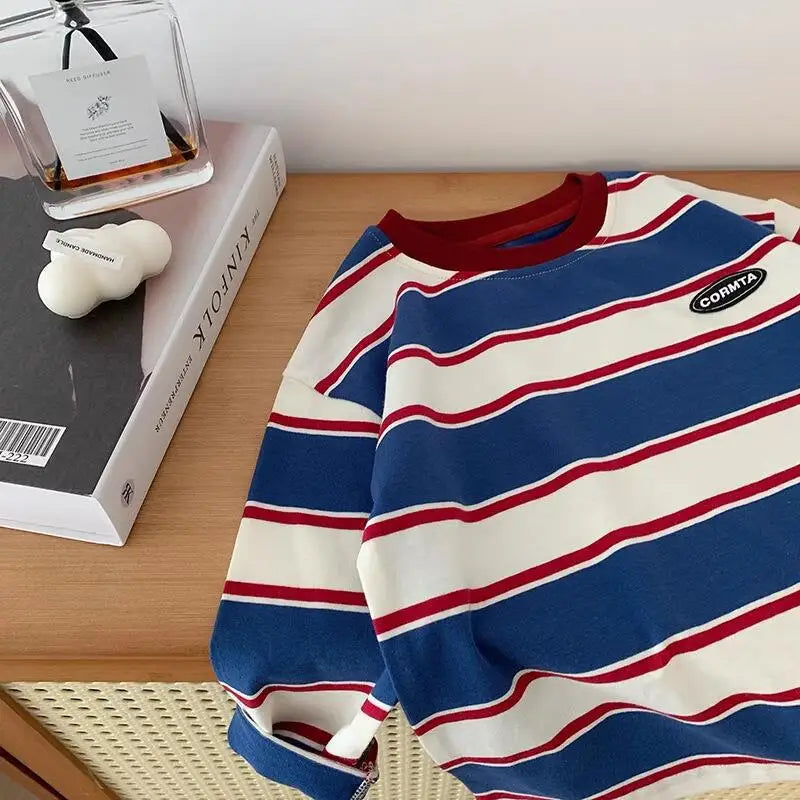 5569-1 Children Long-sleeved T-shirts 2025 Spring Autumn Striped Boy's Sweatershirt Handsome Bottoming Shirts Tops
