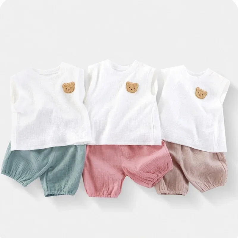 2026 Kids Boy Girl Summer 2Pcs Outfit Set Bear Sleeveless Cotton Vest + Lantern Shorts Childrens Clothes for Outdoor Wear