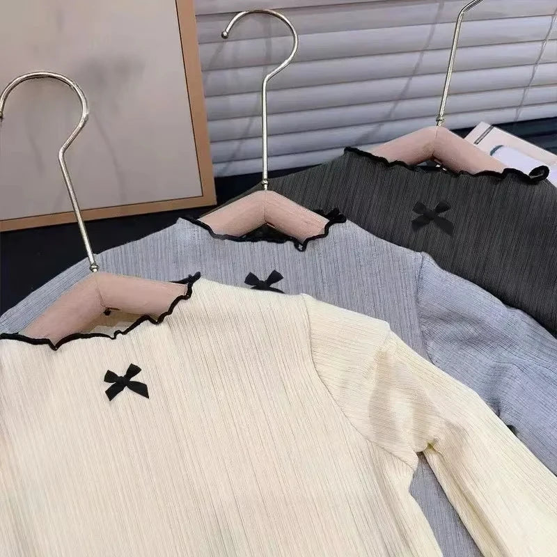 6M-8Y Girls' Long Sleeved T-shirt Children's Ruffled Edge Bow Knitted Tops 2025 Autumn New Versatile Base Shirt for Baby Girls