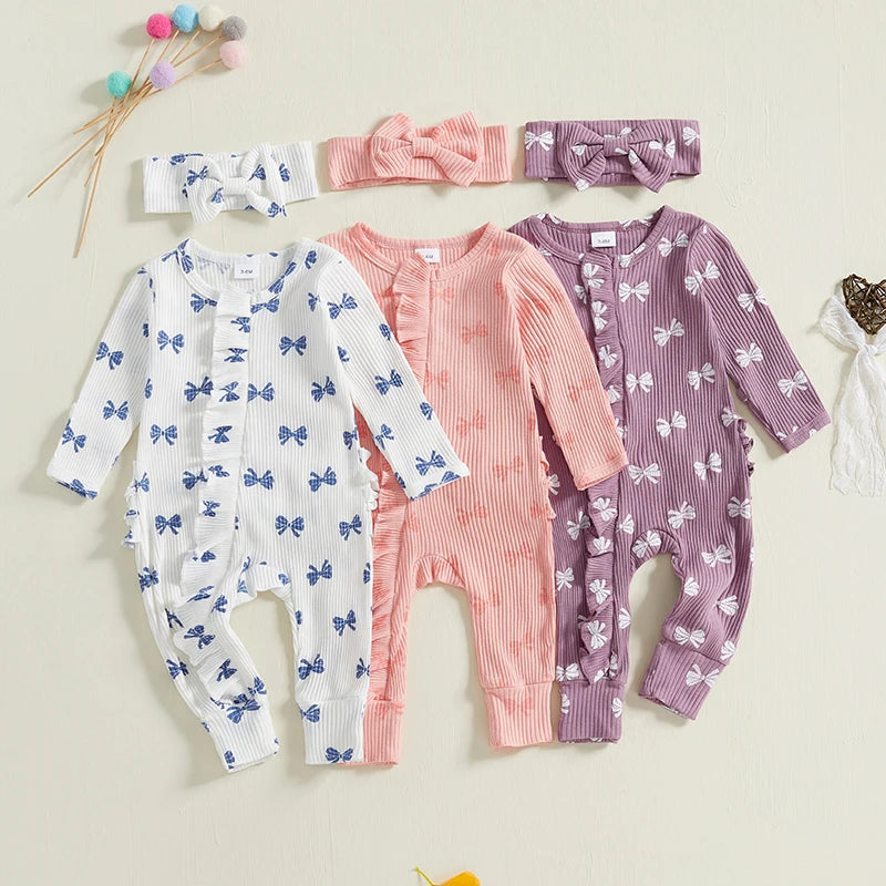 Newborn Baby Girl Outfits Bow Print Ruffle Long Sleeve O Neck Ribbed  Jumpsuit with Headband Set Toddlers Spring Fall Clothes