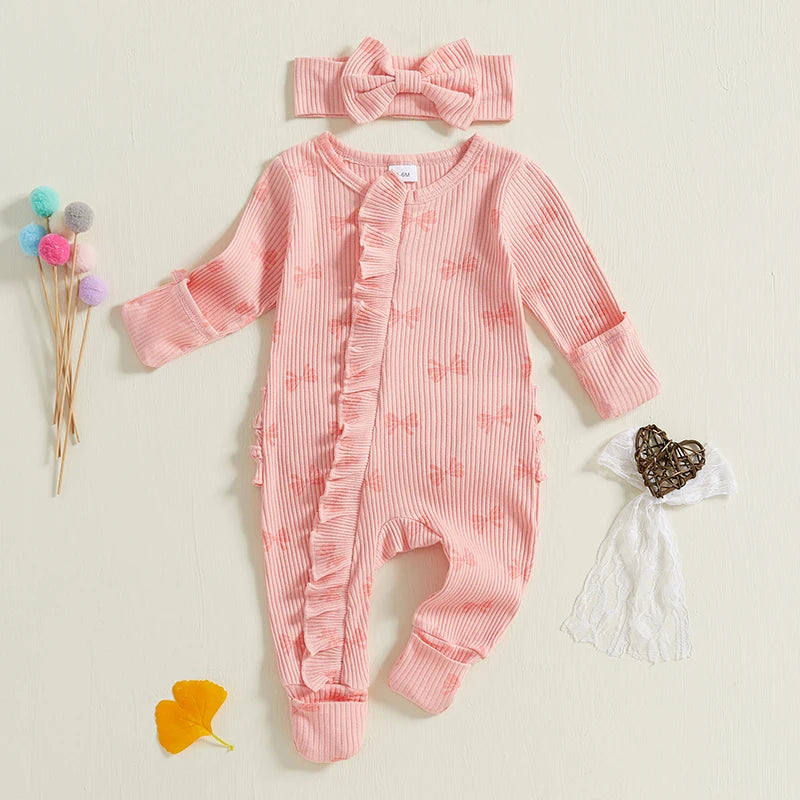 Newborn Baby Girl Outfits Bow Print Ruffle Long Sleeve O Neck Ribbed  Jumpsuit with Headband Set Toddlers Spring Fall Clothes
