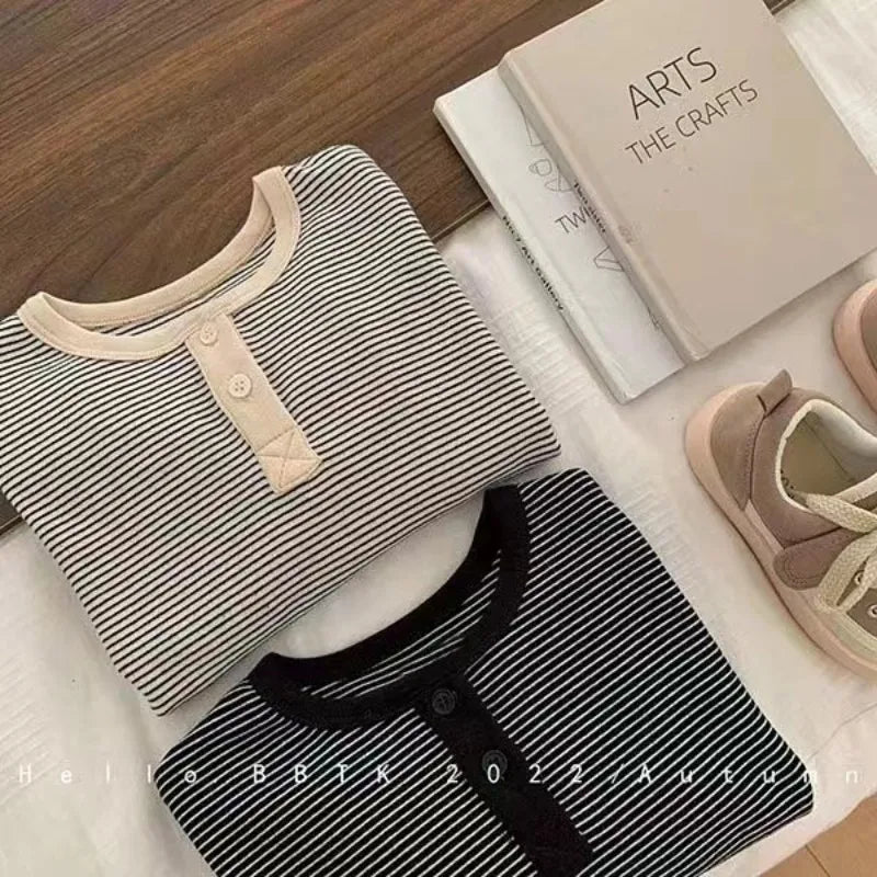 Children's Spring Autumn Long-sleeved T-shirt Boys Girls Korean Striped T Children's Warm Bottoming Shirt Baby Simple Top