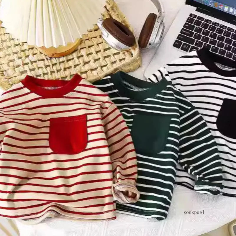 baby Striped Tshirt Boys Girls New Casual Loose Tees New Design Long Sleeve Solid Color Tops Keep Warm in Autumn and Winter