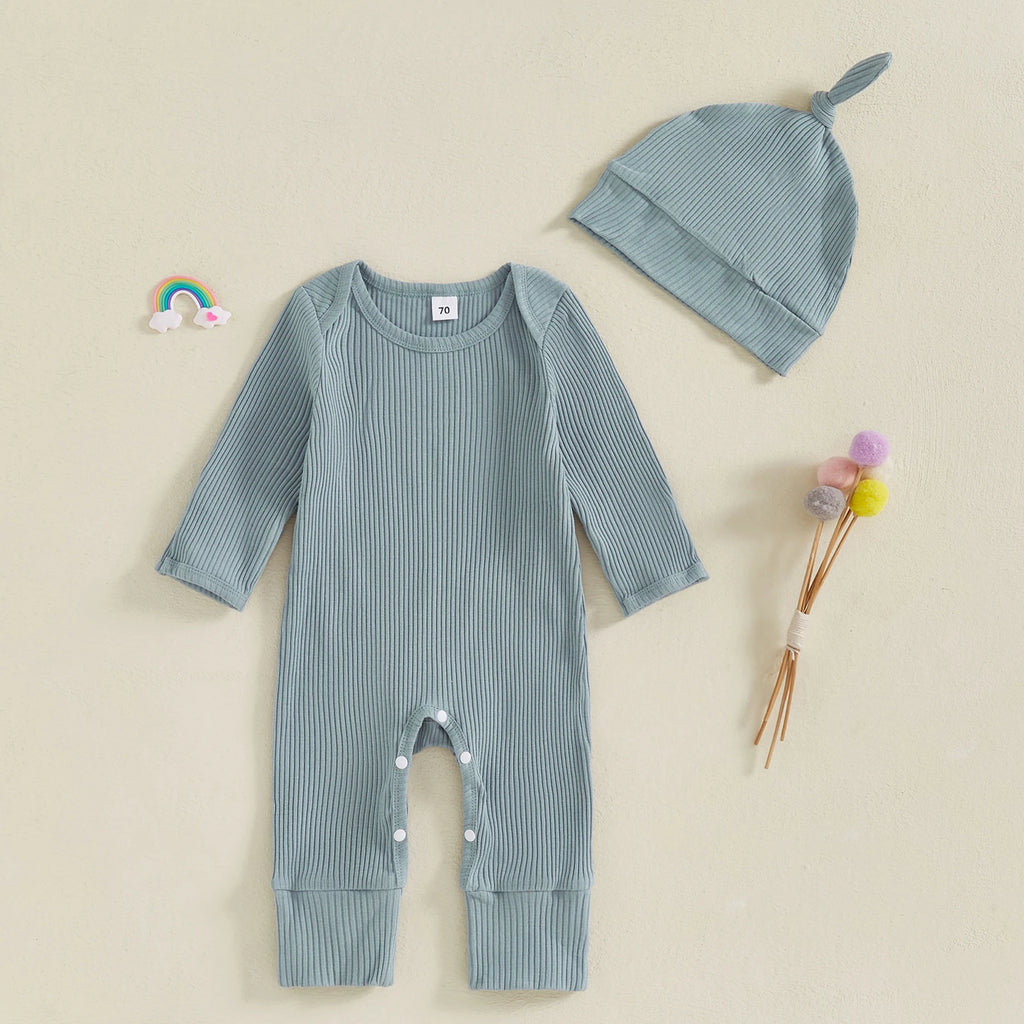 Solid Ribbed Long Sleeve Newborn Baby Romper with Hats Soft Casual Full Length Girls Boys Jumpsuit with Hat Set Infant Clothes