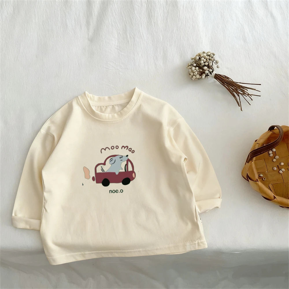 Boys Girls Solid Color Tops New Design Printed Pullover Shirt Loose Casual Thin Crewneck Tees Children Lovely Fashion T-shirts