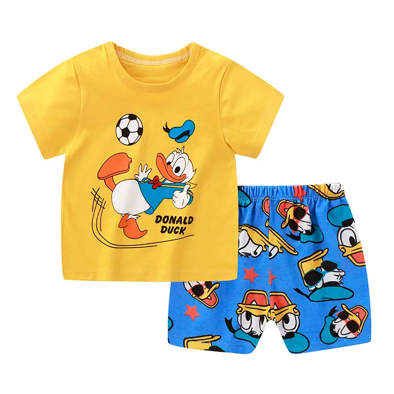 Donald Duck Cartoon 2-Piece Boys Summer Tracksuit Casual Kids Clothing Set with T-shirt And Shorts for Children 1-4 Year Old