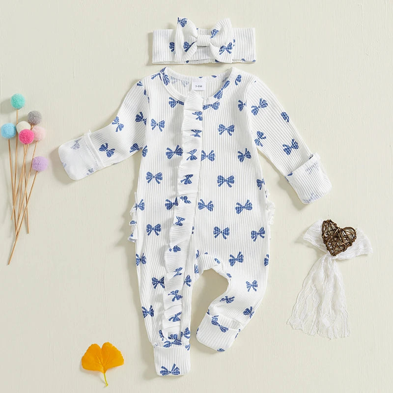 Newborn Baby Girl Outfits Bow Print Ruffle Long Sleeve O Neck Ribbed  Jumpsuit with Headband Set Toddlers Spring Fall Clothes