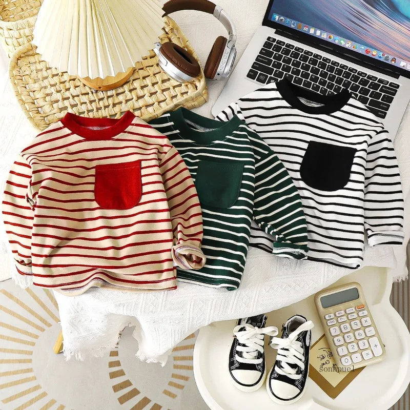 baby Striped Tshirt Boys Girls New Casual Loose Tees New Design Long Sleeve Solid Color Tops Keep Warm in Autumn and Winter