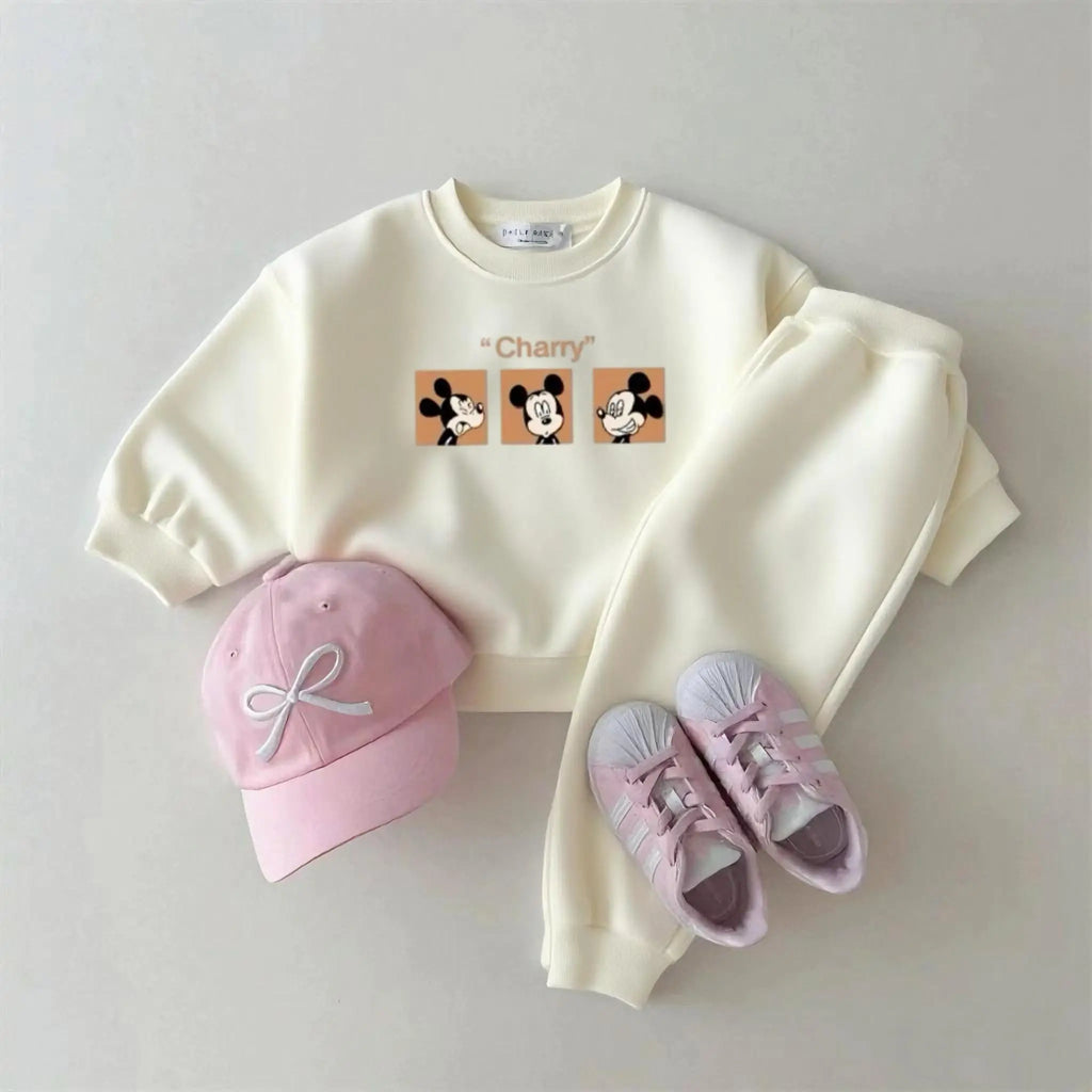 Mickey Mouse Hoodie +Pants 2Piece Set Spring Autumn Wear New Design Casual Crewneck Sweatshirts Solid Color Pants Outer Wear