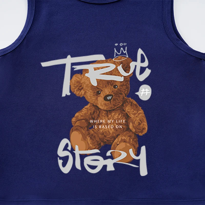 Baby Cute Cartoon Brown Bear Children's Tank Top Boys And Girls Blue Summer Sleeveless T-Shirt Tank Top Preschool T-Shirt