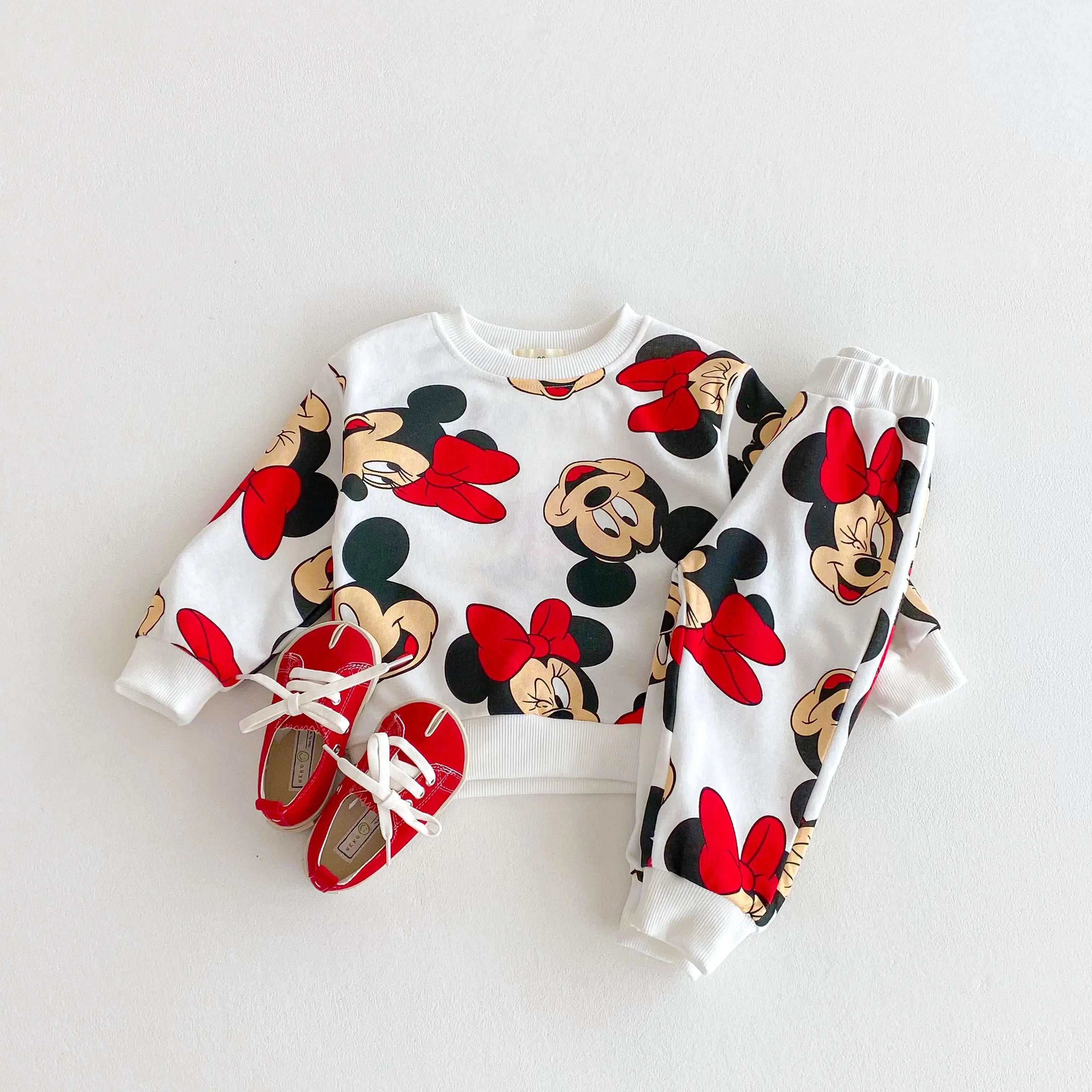 Spring/fall Disney Cartoon Tracksuit Set Print Cartoon Minnie Cute Baby Girl's Long Sleeve Sweatshirt + Pants Kids Two Piece Set