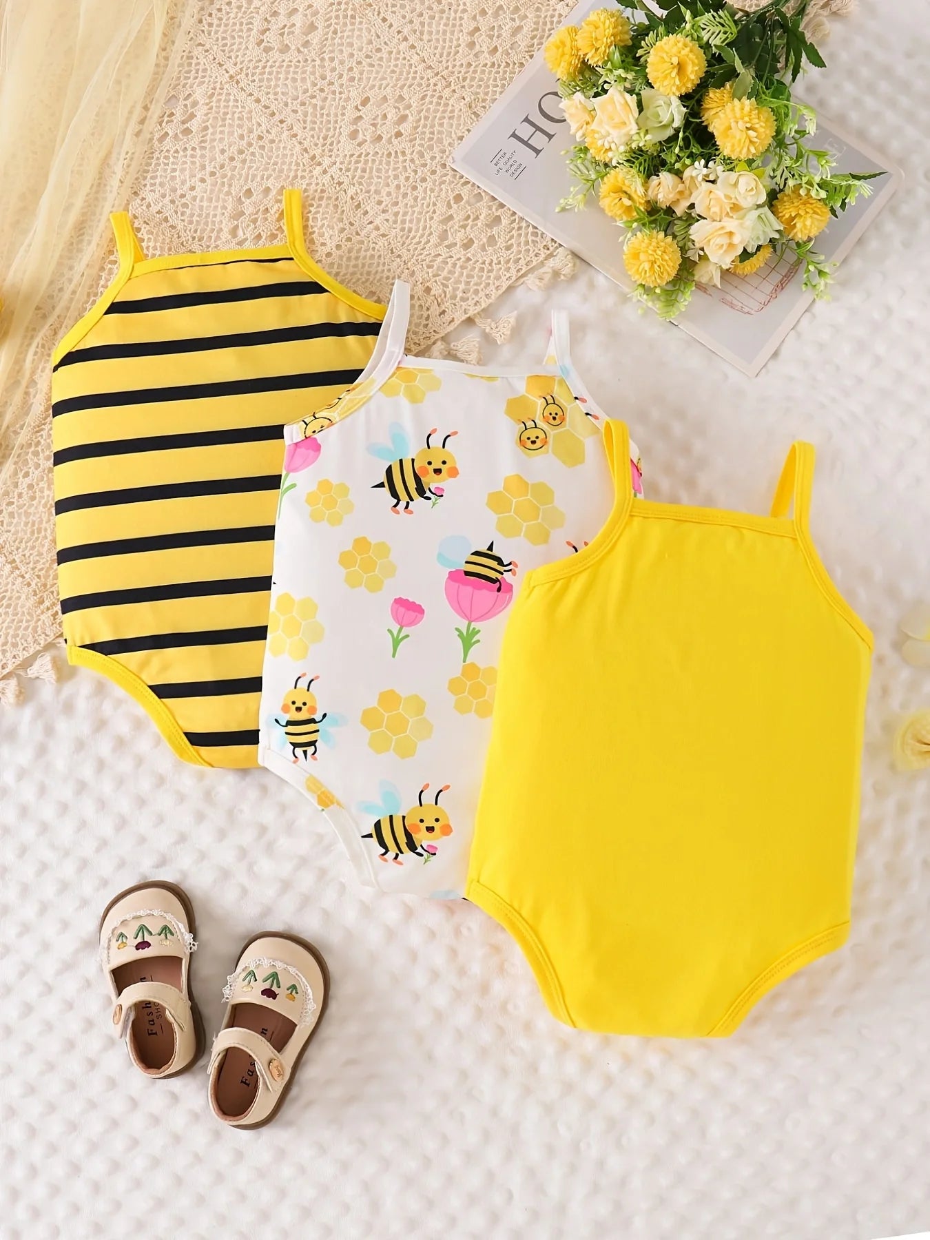 Summer New Arrival Baby Bee Element Sleeveless Bodysuit 3-Piece Set