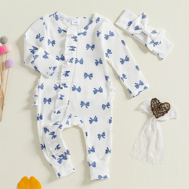 Newborn Baby Girl Outfits Bow Print Ruffle Long Sleeve O Neck Ribbed  Jumpsuit with Headband Set Toddlers Spring Fall Clothes