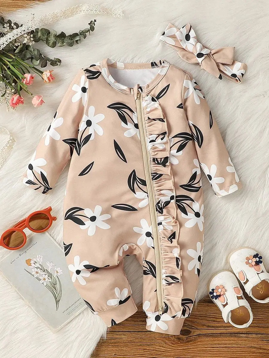 Baby Girls Full Sleeve Printed Floral With zipper All Seasons Japan&Korean Casual Jumpsuit+Headband