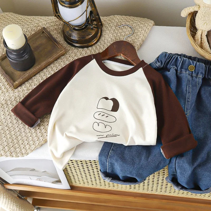 1-12Y Children's Velvet Base Shirt 2025 Spring Long Sleeved Casual Tee Baby Girls Boys Patched Color Round Neck Outerwear Tops