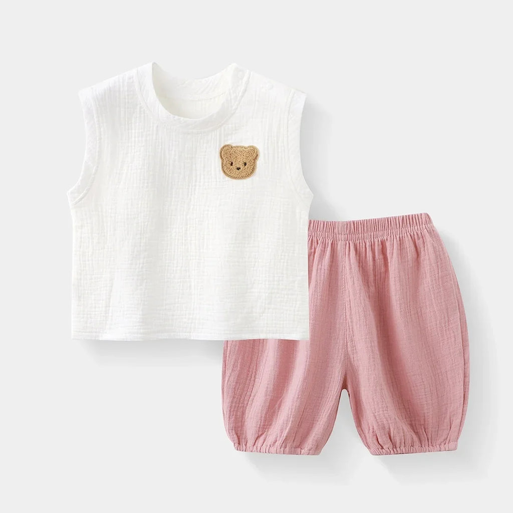 2026 Kids Boy Girl Summer 2Pcs Outfit Set Bear Sleeveless Cotton Vest + Lantern Shorts Childrens Clothes for Outdoor Wear