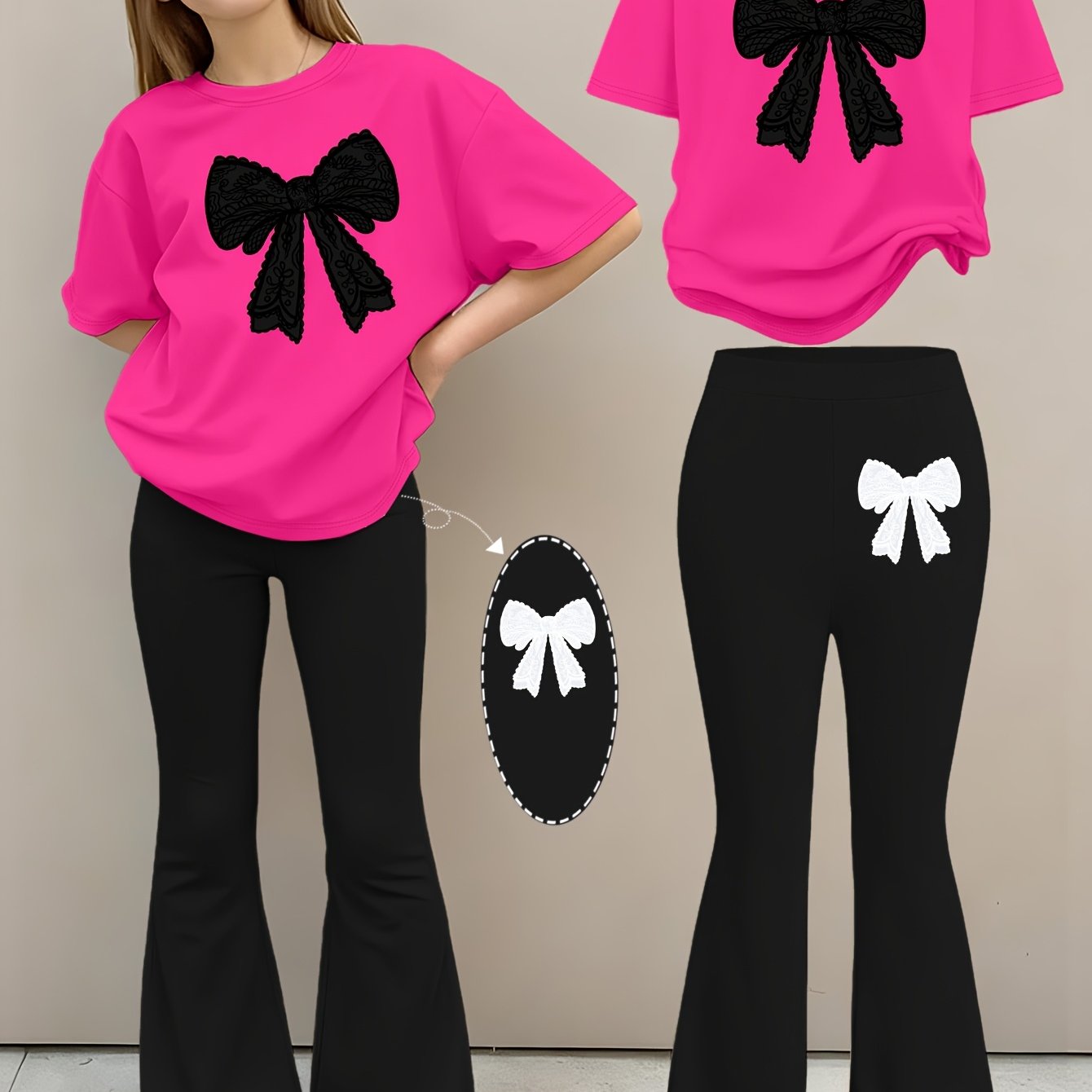 2pcs Girls' Summer Fashion Set: Printed Off-shoulder Short-sleeved Round-neck T-shirt + Elastic Flare Pants, Girls' Long Pants Set for Outdoor, Perfect for Outdoor
