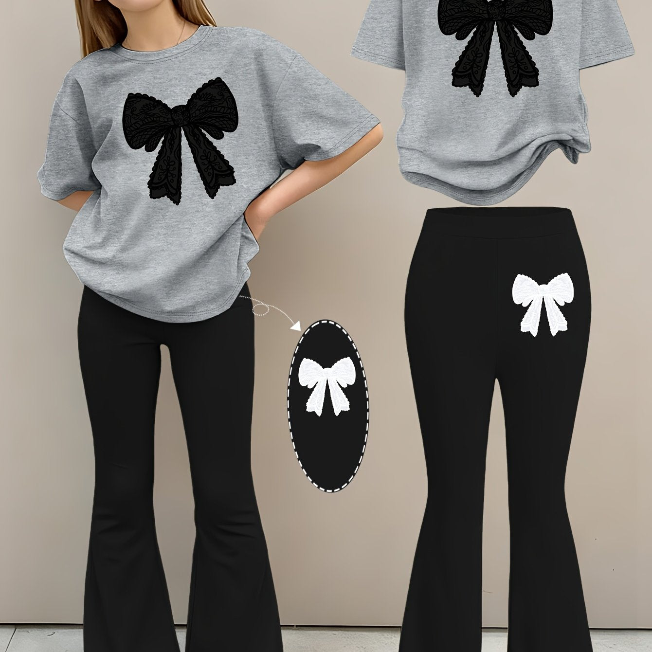 2pcs Girls' Summer Fashion Set: Printed Off-shoulder Short-sleeved Round-neck T-shirt + Elastic Flare Pants, Girls' Long Pants Set for Outdoor, Perfect for Outdoor