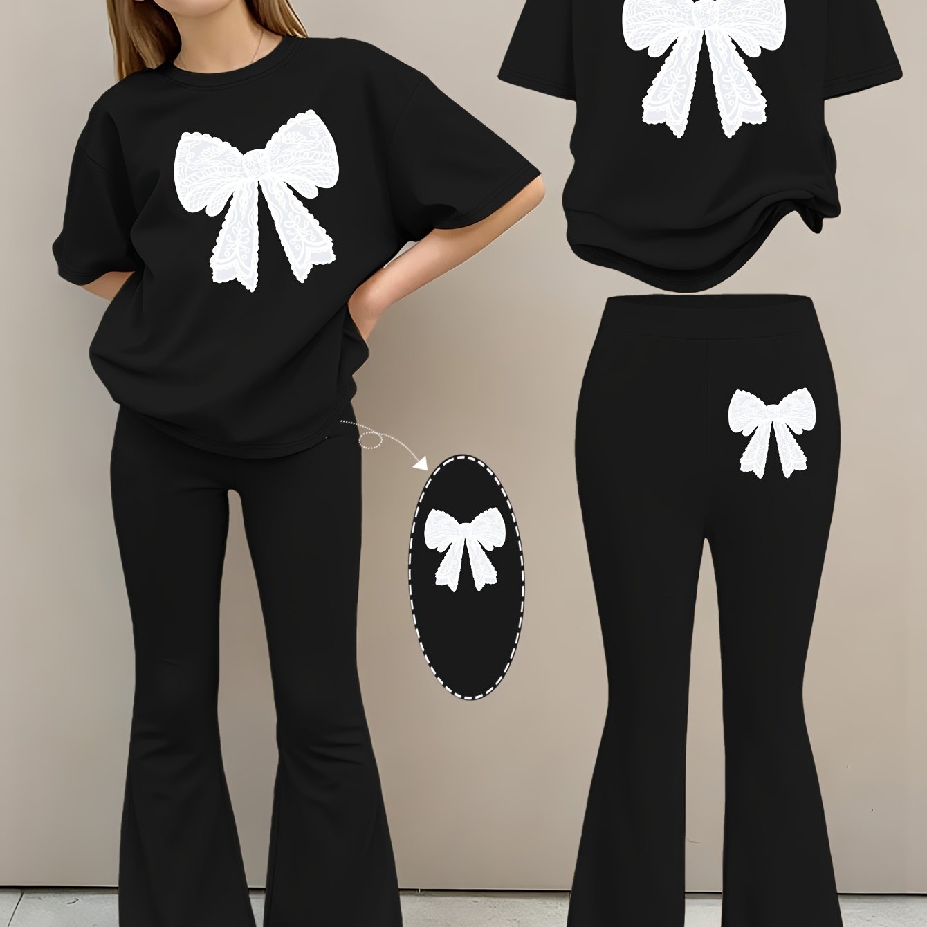 2pcs Girls' Summer Fashion Set: Printed Off-shoulder Short-sleeved Round-neck T-shirt + Elastic Flare Pants, Girls' Long Pants Set for Outdoor, Perfect for Outdoor