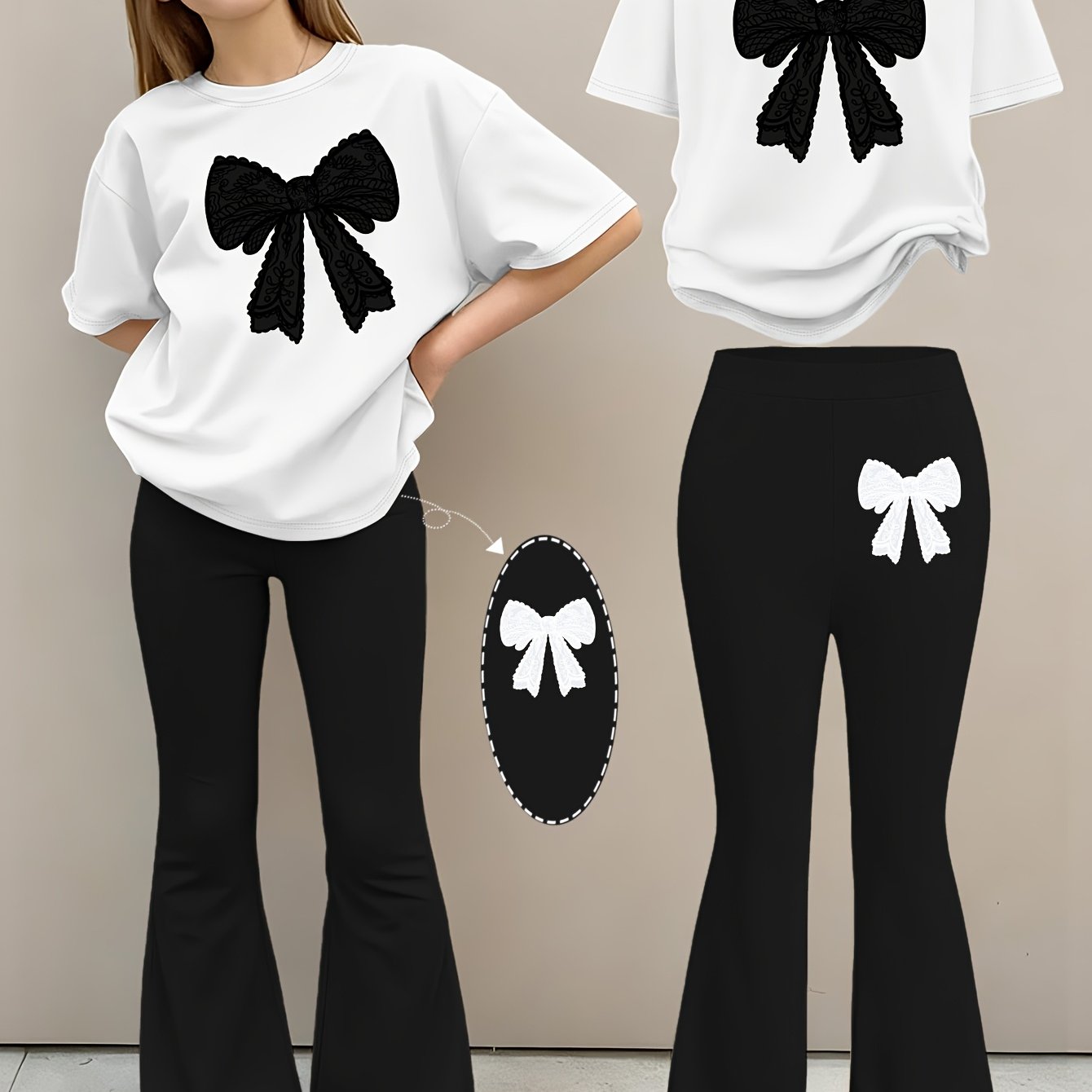 2pcs Girls' Summer Fashion Set: Printed Off-shoulder Short-sleeved Round-neck T-shirt + Elastic Flare Pants, Girls' Long Pants Set for Outdoor, Perfect for Outdoor