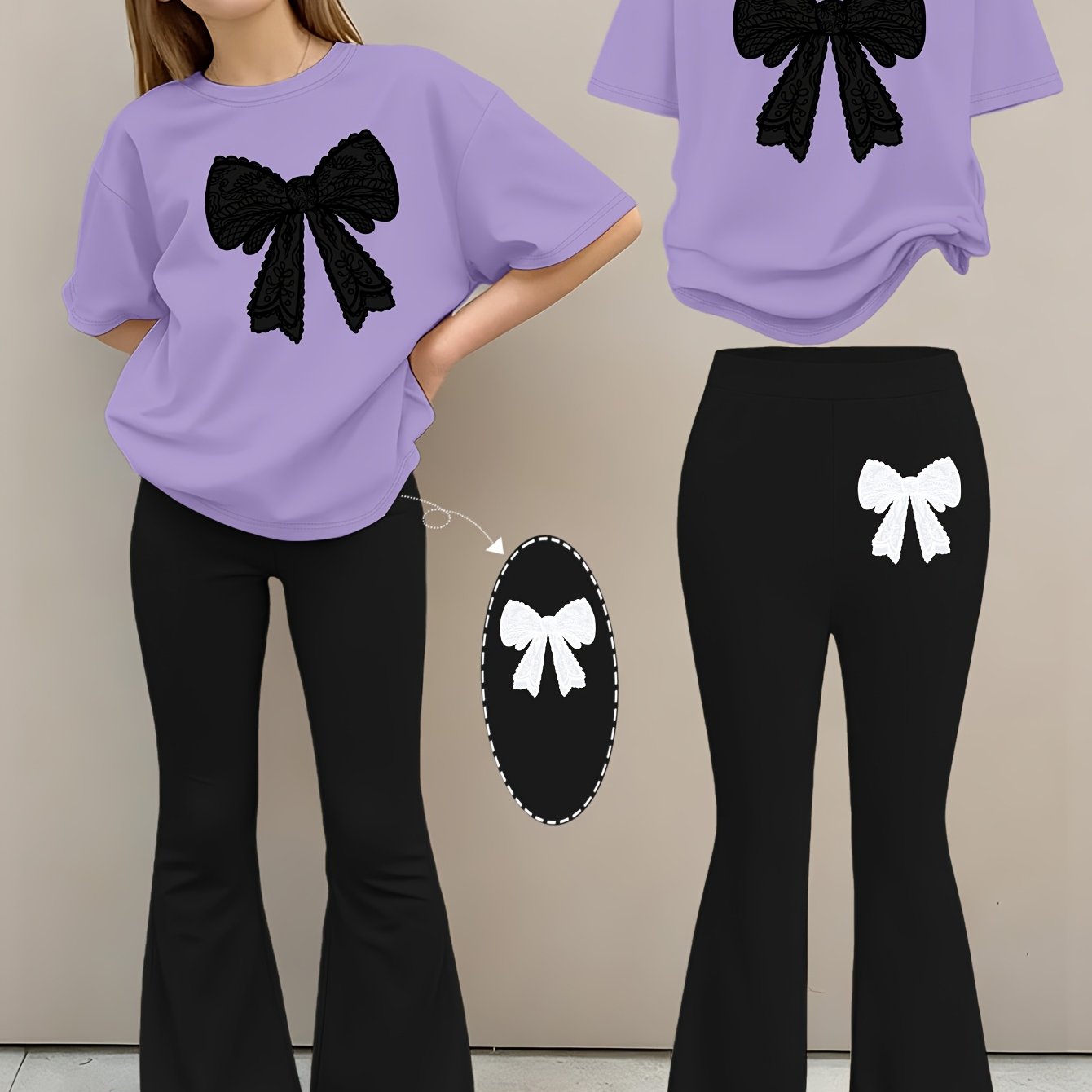 2pcs Girls' Summer Fashion Set: Printed Off-shoulder Short-sleeved Round-neck T-shirt + Elastic Flare Pants, Girls' Long Pants Set for Outdoor, Perfect for Outdoor