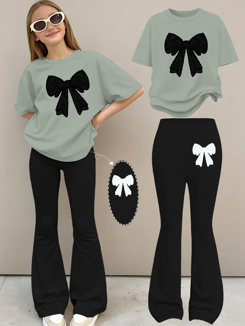 2pcs Girls' Summer Fashion Set: Printed Off-shoulder Short-sleeved Round-neck T-shirt + Elastic Flare Pants, Girls' Long Pants Set for Outdoor, Perfect for Outdoor